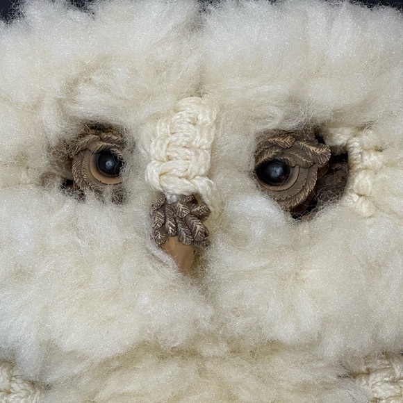 Vtg Ivory Snowy Owl Soft Macrame & Natural Wood Wall Hanging Decoration 70s Boho - Picture 6 of 11